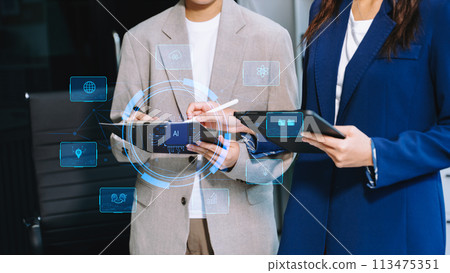 Man and woman using chatbot in computer and tablet  smart intelligence Ai.Chat with AI Artificial Intelligence, developed by OpenAI generate. Futuristic technology, robot 113475351