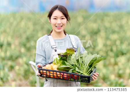 A young woman smiling while holding fresh vegetables A young woman smiling while holding fresh vegetables 113475385