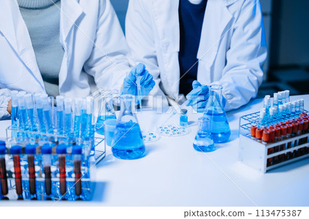 Two Scientist mixing chemical liquids in the chemistry lab. Researcher working in the chemical laboratory Two Scientist mixing chemical liquids in the chemistry lab. Researcher working in the chemical laboratory 113475387