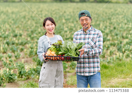 一位年輕女子和一位經驗豐富的農民拿著農作物微笑。 一位年輕女子和一位經驗豐富的農民拿著農作物微笑。 113475388