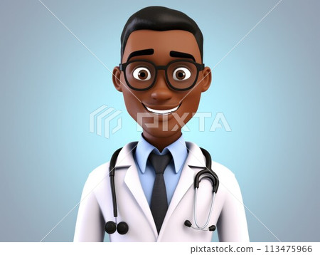 3D Doctor. African american male character. Simple cartoon fun afro person with stethoscope and uniform. 3D Doctor. African american male character. Simple cartoon fun afro person with stethoscope and uniform. 113475966