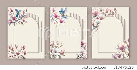 Floral vintage watercolor wedding invitation with magnolia flowers and hummingbird. 113476126