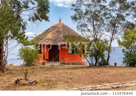Beautiful colored traditional Ethiopian house. Debre Libanos, Oromia Region Ethiopia, Africa. 113476444