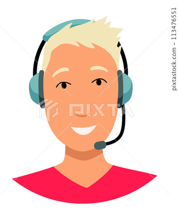 Call center operator avatar with headphone. Online support service assistant. Male customer help manager. Vector illustration of character 113476551