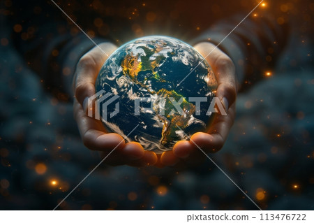 Hand holding globe representing earth day. Earth day and conservation concept Hand holding globe representing earth day. Earth day and conservation concept 113476722