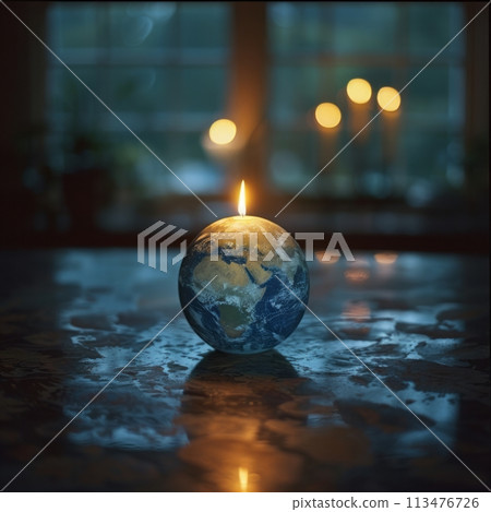 Globe with small fire on top representing earth day Globe with small fire on top representing earth day 113476726