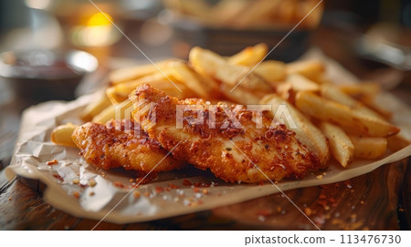 Fish or Chicken and fries for commercial advertisement or promotion. Fish or Chicken and fries for commercial advertisement or promotion. 113476730