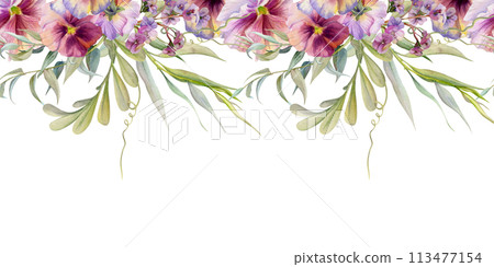 Hand drawn watercolor illustration boho botanical flowers leaves. Pansy viola, willow eucalyptus branch, bergenia heliotrope, tendrils. Seamless banner isolated white. Design wedding suite, love cards 113477154