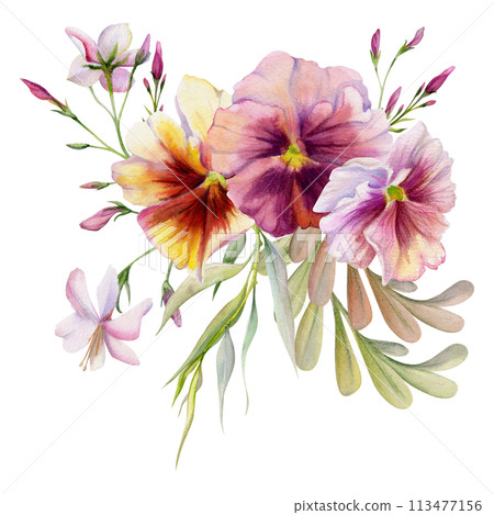 Hand drawn watercolor illustration botanical flowers leaves. Pansy viola, locust indigo branch, pink lobelia jasmine, willow eucalyptus. Bouquet isolated white background. Design wedding, love cards 113477156