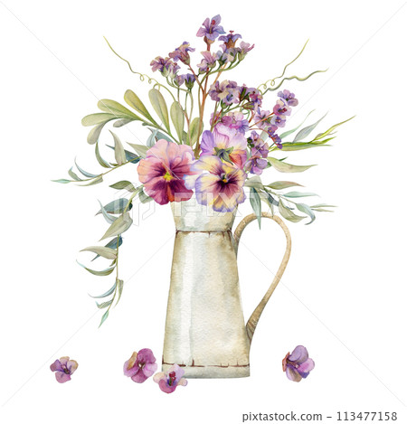 Hand drawn watercolor illustration botanical flowers leaves. Mauve pansy viola, locust indigo branch, willow eucalyptus, bergenia heliotrope, tendrils. Bouquet in jug isolated on white. Wedding, cards Hand drawn watercolor illustration botanical flowers leaves. Mauve pansy viola, locust indigo branch, willow eucalyptus, bergenia heliotrope, tendrils. Bouquet in jug isolated on white. Wedding, cards 113477158