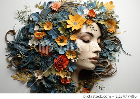 portrait of a beautiful woman in a flower wreath with her eyes closed 113477496