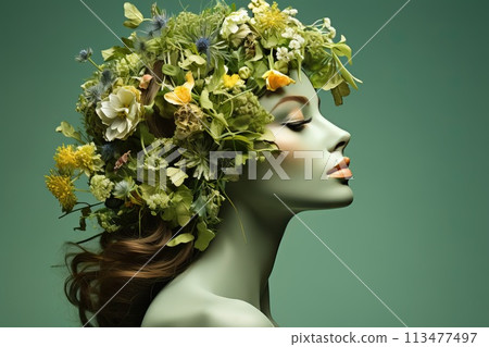 Creative portrait of a girl with a large wreath of wild flowers on her head. 113477497