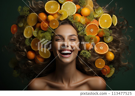 Portrait of a young girl with a wreath of citrus fruits and leaves on her head. 113477525