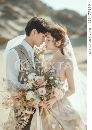 Bride and groom in wedding dress 113477559
