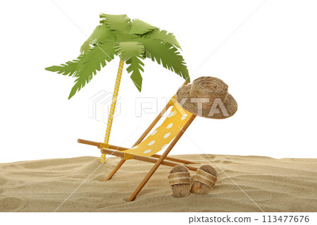 PNG sunbed on the beach, on the sand, isolated on white background. 113477676