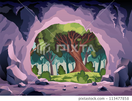 Cave landscape. Summer nature scene of cave entrance. Prehistoric dungeon, rock cavern game illustration. Vector illustration of tunnel in mountain or mine in rocks 113477858