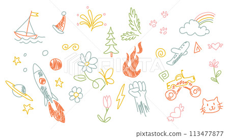 Child drawings. Kids doodle paintings, children crayon drawing and hand drawn doodle vector illustration Child drawings. Kids doodle paintings, children crayon drawing and hand drawn doodle vector illustration 113477877