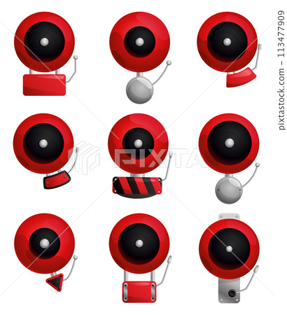 Red fire alarm system signal device isolated on white. Prevention, emergency, warning bell. Vintage signaling. Retro signalization. Firefighter equipment and tool. Vector cartoon illustration Red fire alarm system signal device isolated on white. Prevention, emergency, warning bell. Vintage signaling. Retro signalization. Firefighter equipment and tool. Vector cartoon illustration 113477909