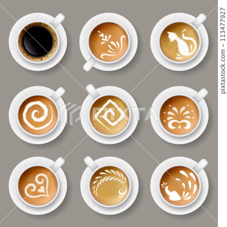 Coffee mug top view. Cappuccino espresso latte milk brown coffee vector realistic template Coffee mug top view. Cappuccino espresso latte milk brown coffee vector realistic template 113477927