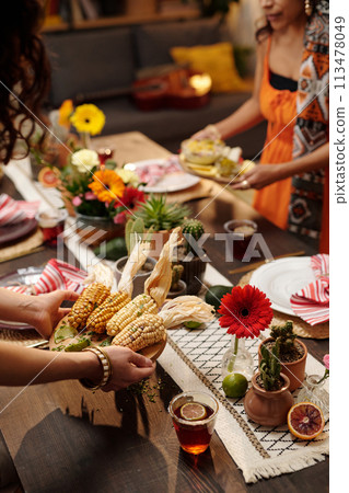 Serving festive table with homemade corn 113478049
