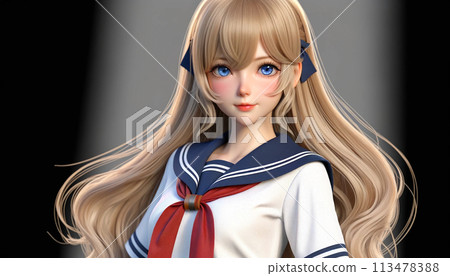 Smiling blonde, blue-eyed woman in a sailor (student) uniform 113478388