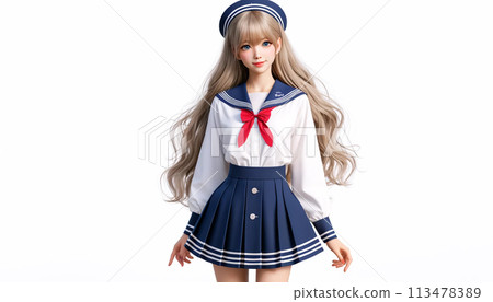 Smiling blonde, blue-eyed woman in a sailor (student) uniform 113478389