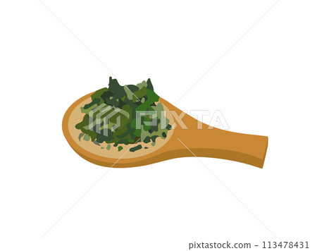 Illustration of tea leaves on a teaspoon 113478431