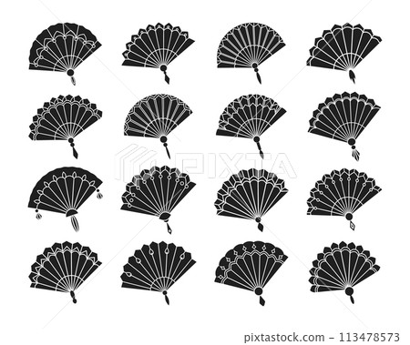 Collection of paper fans. Hand fan. Black silhouettes of Chinese, Japanese paper folding fans, traditional Asian jewelry and souvenirs. Vector set Collection of paper fans. Hand fan. Black silhouettes of Chinese, Japanese paper folding fans, traditional Asian jewelry and souvenirs. Vector set 113478573