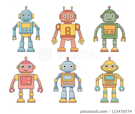 Collection of cartoon characters robots and droids. Adorable children's cartoon kawaii, cute funny robots, pastel colors. Vector set Collection of cartoon characters robots and droids. Adorable children's cartoon kawaii, cute funny robots, pastel colors. Vector set 113478574
