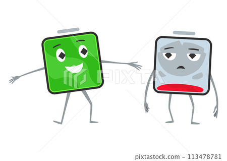 Low battery and full battery. Battery charge indicator icons. Discharged and fully charged battery. Accumulator indicator power level, vector illustration Low battery and full battery. Battery charge indicator icons. Discharged and fully charged battery. Accumulator indicator power level, vector illustration 113478781