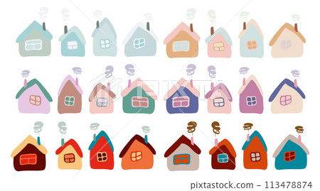 Set of Small Flat Cartoon houses. Isolated vector Collection. Cute bright children illustration with Crooked Homes. Hand Drawn Elements with Roof, Window, Color Facade and Smoke from Chimney. 113478874