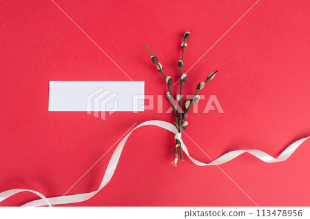White blank label with pussy willow branches and white ribbon on red background. White blank label with pussy willow branches and white ribbon on red background. 113478956