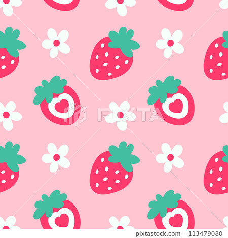 Strawberry flowers summer seamless vector children's pattern. Repeating background with summer fruits on pink. Cute design for fabric, gift wrap, packaging. Strawberry flowers summer seamless vector children's pattern. Repeating background with summer fruits on pink. Cute design for fabric, gift wrap, packaging. 113479080