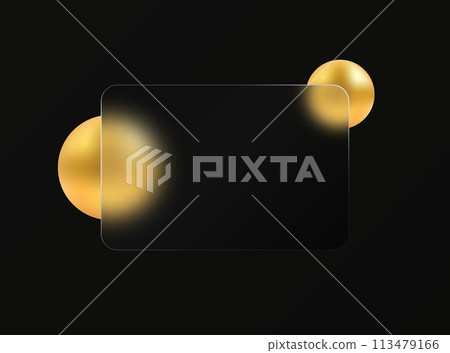 Glass morphism effect. Rectangular banner made of transparent frosted glass. Golden spheres on a black background. Glass morphism effect. Rectangular banner made of transparent frosted glass. Golden spheres on a black background. 113479166
