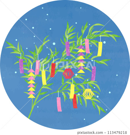 Illustration of starry sky and Tanabata bamboo decorations 113479218