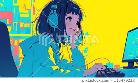 在電腦 AI 上玩遊戲的女孩 在電腦 AI 上玩遊戲的女孩 113479228