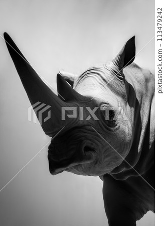 Side view of a rhinoceros head. Black and white vertical photo Side view of a rhinoceros head. Black and white vertical photo 113479242