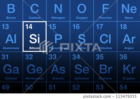 Silicon element on the periodic table. Chemical element and semiconductor with symbol Si and atomic number 14. Considered as an essential element in the body, for the elastin and collagen synthesis. 113479355