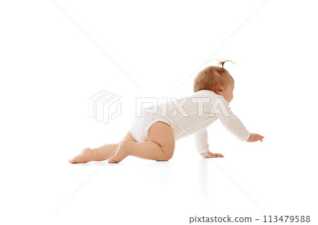 Cute little baby girl crawling on floor in comfortable clothes and looking with curiosity isolated on white background. Playful happy kid 113479588