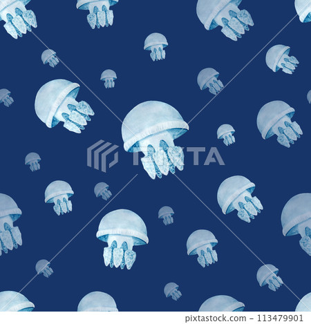 Watercolor hand-drawn blue jellyfish seamless pattern on blue. Clip art. High quality monochromatic illustration for notebooks, wrapping paper, wallpaper, textile, eco, tourism, room decor design Watercolor hand-drawn blue jellyfish seamless pattern on blue. Clip art. High quality monochromatic illustration for notebooks, wrapping paper, wallpaper, textile, eco, tourism, room decor design 113479901