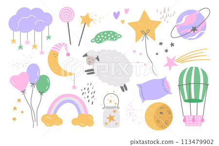 Cute sleeping elements in childish style. Hand drawn planet, moon, stars, sheep, rainbow, clouds, pillow in bright colors Cute sleeping elements in childish style. Hand drawn planet, moon, stars, sheep, rainbow, clouds, pillow in bright colors 113479902
