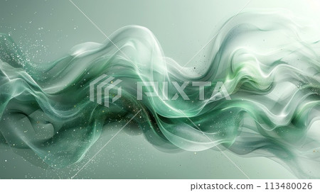 Abstract wavy smooth lines of green color with shiny particles Abstract wavy smooth lines of green color with shiny particles 113480026