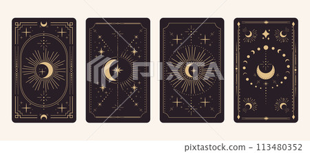 Set tarot reverce border card frame gold line border celelstial mystery esoteric decoration with stars and moon. Magic sacred cover Set tarot reverce border card frame gold line border celelstial mystery esoteric decoration with stars and moon. Magic sacred cover 113480352