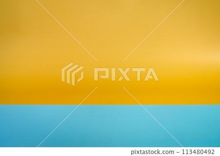 Abstract beach with paper sand and blue waves. Summer aesthetic mockup template background on a tropical beach holiday 113480492