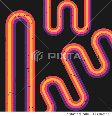 Retro vintage style stripes. Bright twisted rainbow on dark background. Grunge texture. Vector illustration 113480534