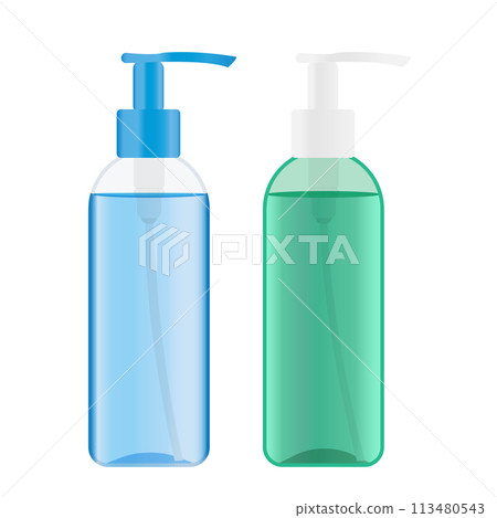 Plastic pump bottles with green and blue liquid inside. Dispenser bottles with cosmetic product like cleansing gel. Vector illustration Plastic pump bottles with green and blue liquid inside. Dispenser bottles with cosmetic product like cleansing gel. Vector illustration 113480543