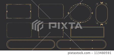 Line golden frame, celestiam minimal esoteric border, mystyc linear decoration with dots, corners isolated on dark background. Geometric shape, tarrot  Line golden frame, celestiam minimal esoteric border, mystyc linear decoration with dots, corners isolated on dark background. Geometric shape, tarrot  113480591