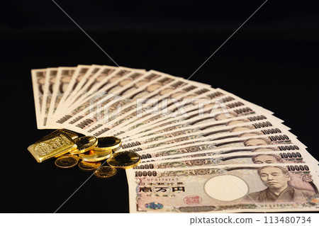 Co-existence of real assets such as gold coins and banknotes 113480734