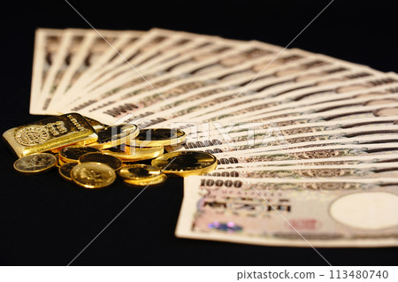 Co-existence of real assets such as gold coins and banknotes 113480740