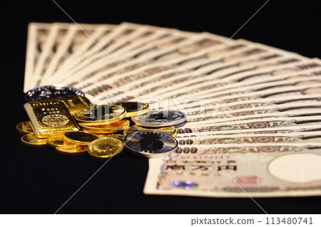 Co-existence of real assets such as gold coins and banknotes 113480741